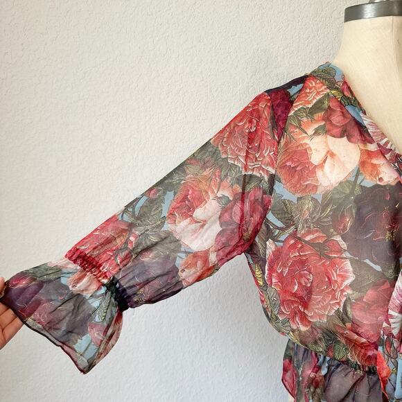 HAUTE HIPPIE Top Blouse Red Floral Silk Chiffon Sheer Puff Sleeve Boho - Picture 4 of 10